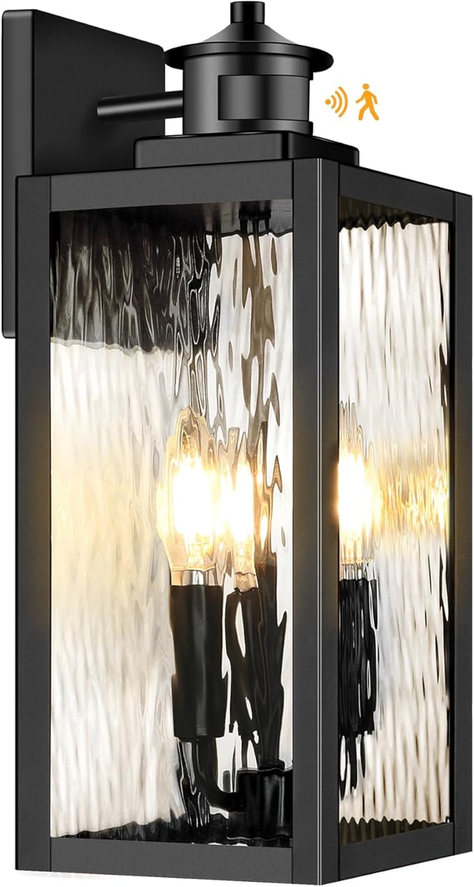 Large Motion Sensor Outdoor Wall Light Black Exterior Wall Sconce Light Fixtures with Water-Rippled Glass Waterproof Modern Outside Wall Lantern for House Porch Patio Garage Bulbs Not Included