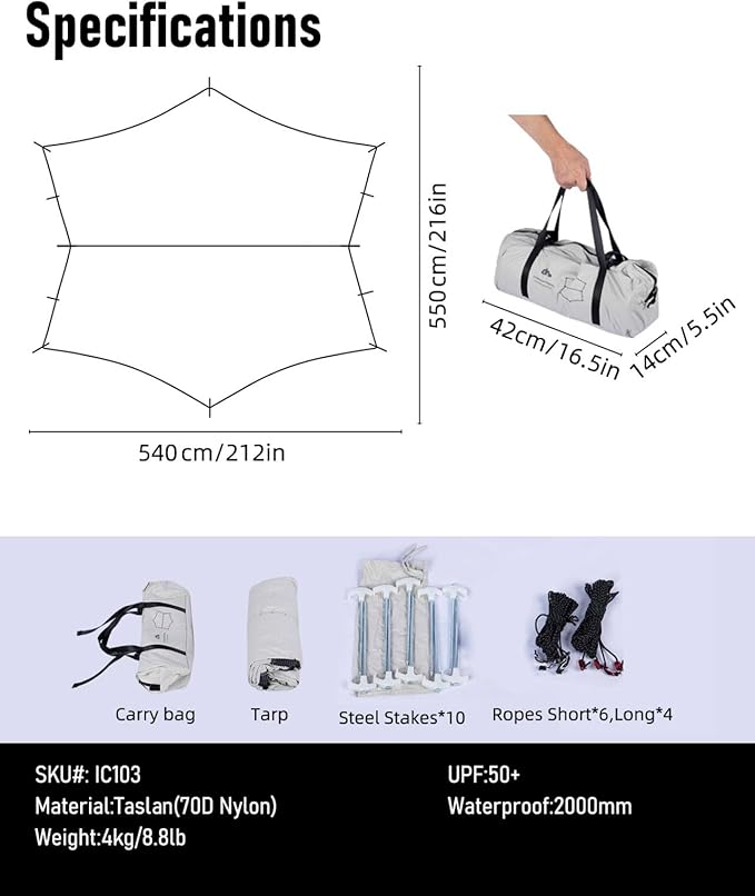 iClimb Waterproof Sun Shield Tarp UPF 50+ for Tent Hammock Camping Backyard Party (Tarp 18' × 17'9)
