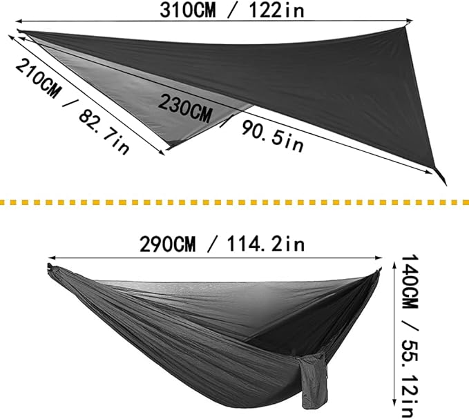 Portable Single Double Nylon High Strength Parachute Hammock Rainfly Set Camping Hammock with Rain Fly Tarp and Mosquito Net Tent Tree Straps Backpacking Hiking Travel Yard Outdoor Activities