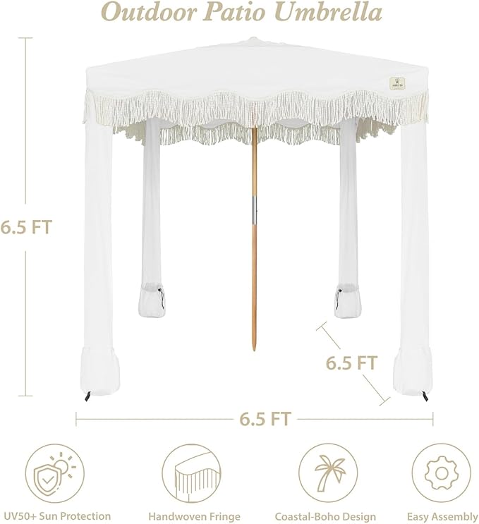 AMMSUN Beach Cabana with Fringe 6.5' x 6.5' Boho Beach Canopy with Tassels Easy Set up &amp Premium Wood Pole Cabana Tent with Sand Pockets Instant Sun Shade for Sand Garden Patio Elegant Whit