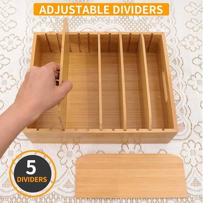 Bamboo Lid Organizer Kitchen Pantry Lids Holder with 5 Adjustable Dividers for Cabinets Food Storage Container Organizers