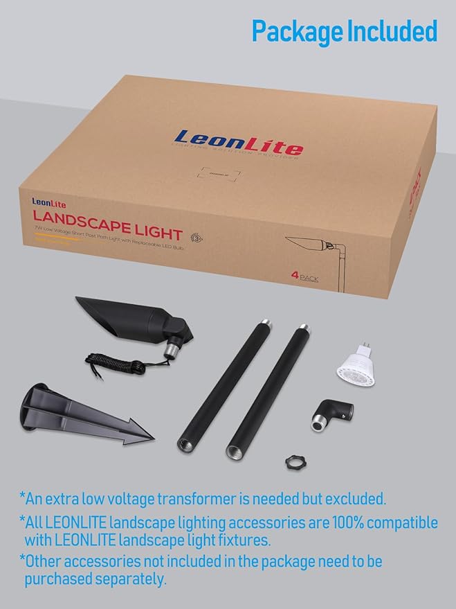 LEONLITE 24 Inch Low Voltage Landscape Spotlight 12V LED Outdoor Landscape Lighting with 7W 3000K MR16 Bulbs Max 50W GU5.3 Base Die-Cast Aluminum Uplighting for Garden Tree Yard Black Pack of 4