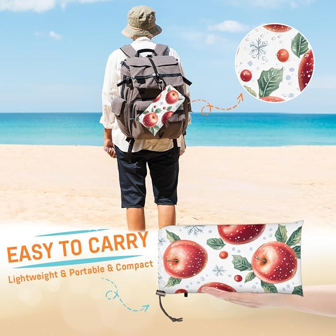 Waterproof Sandproof Beach Blanket 59''×68'' Holiday Apple Pattern Polyester Outdoor Picnic Blanket with 4 Stakes &amp Storage Bag for BeachCampingVacation
