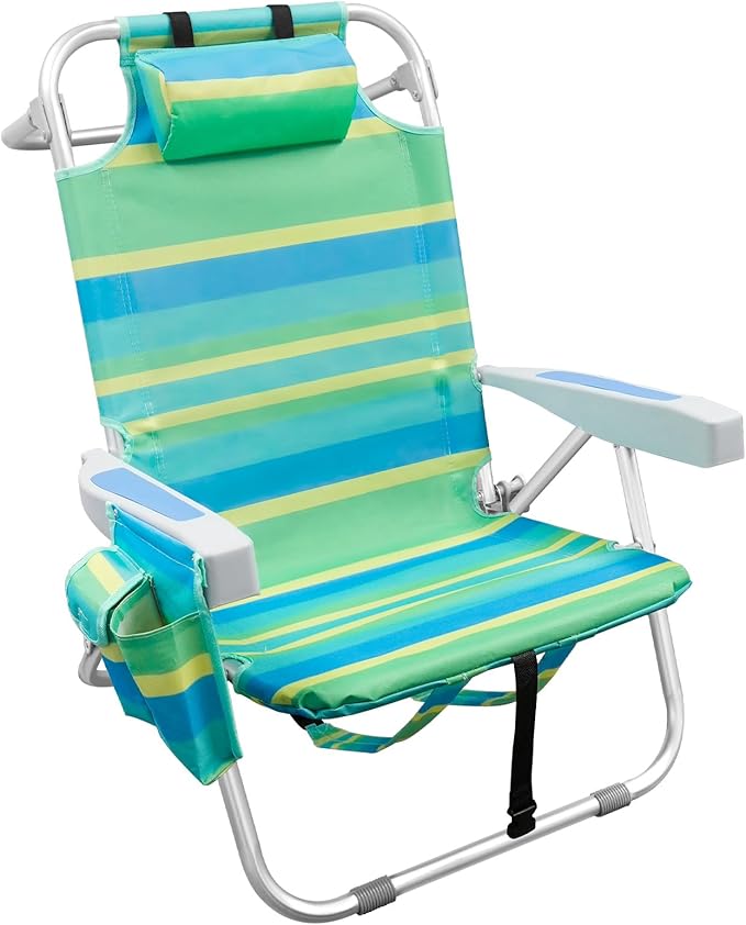 Low Beach Chair for Adults5 Position Lay Flat Portable Folding Aluminum Reclining Backpack Beach Chairs Heavy Duty with Cup Holder Large Pocket for Outdoor/Lawn/Picnic/Fishing