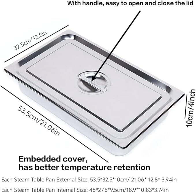4 Pcs Anti-Jamming Steam Pan with Lids Full-Size x 4-Inch Deep Stainless Steel Steam Table Pan Hotel Pans with Covers Buffet Servers Pan Food Tray Warmer Catering-21.06 * 12.8 * 3.94in