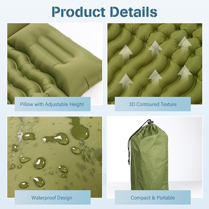 78.7 X 55 X 3.9 Inches Inflatable Sleeping Mat for Camping with Foot Pump and Adjustable Pillow