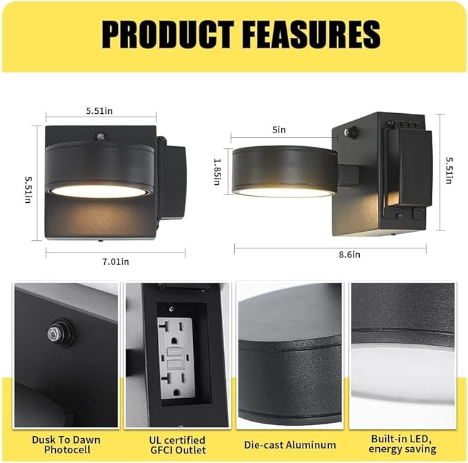 Porch Lights with GFCI Outlet Dusk to Dawn Outdoor Wall Light with Outlet LED Aluminum Exterior Light Fixture Waterproof Outside Lights for House Front Door Patio Garage
