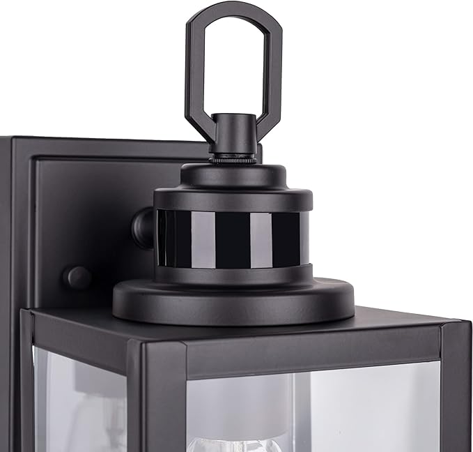 GRUENLICH Dusk to Dawn Outdoor Wall Lantern PIR Motion Sensor Wall Sconce E26 Base Max 60W Metal Housing Plus Glass Matte Black Finish Bulb Not Included 2-Pack