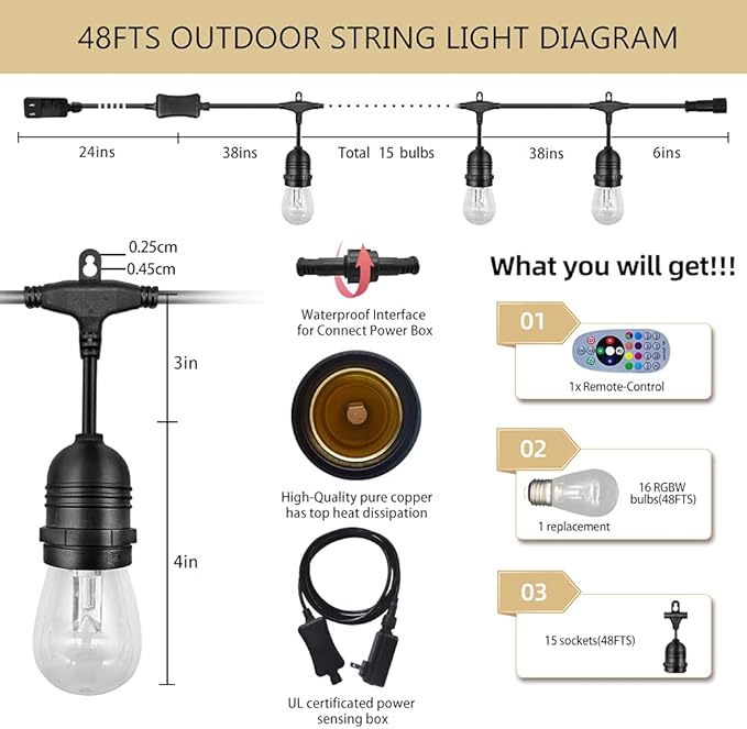 GANA Outdoor String Lights Patio Lights 48FT Music Flash RGBW Colourful Safe 12V Low Voltage LED Shatterproof Bulbs Connectable Heavy Duty Wire IP65 Waterproof Level for Courtyards Cafe Bistro