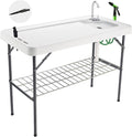 Folding Fish Cleaning Table Portable Camping Sink with Faucet Drainage Hose &amp Sprayer Outdoor Fillet Station Grid Rack Knife Groove for Picnic Fishing Black