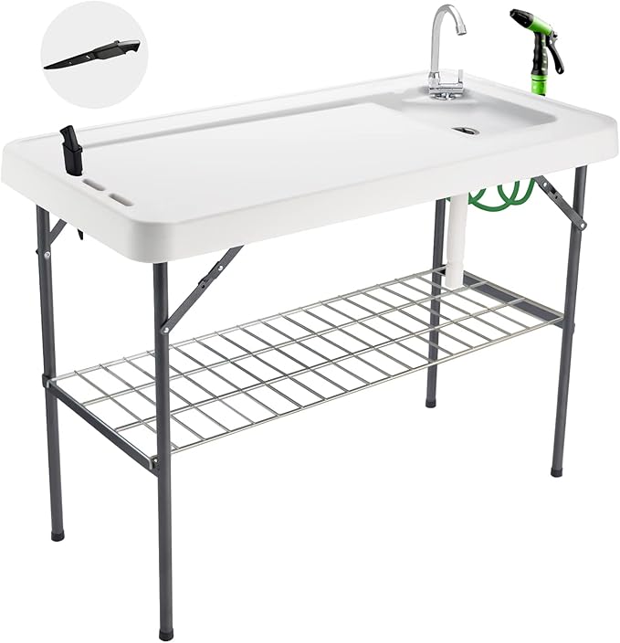 Folding Fish Cleaning Table Portable Camping Sink with Faucet Drainage Hose &amp Sprayer Outdoor Fillet Station Grid Rack Knife Groove for Picnic Fishing Black