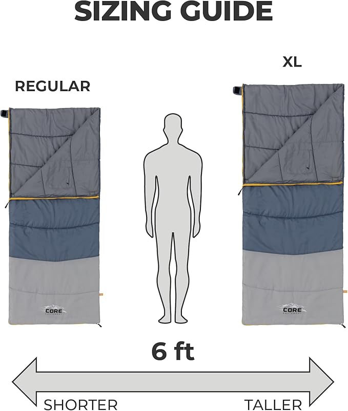 CORE Sleeping Bags for Adults | Lightweight &amp Compact | Perfect for Indoor or Outdoor Use Camping Backpacking Hiking &amp Sleepovers | Ideal for Warm &amp Cooler 3 Season Weather