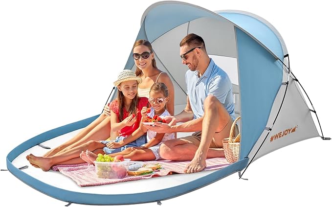 #WEJOY Beach Tent Sun Shelter Windproof Reinforced 9.5mm Frame 4 Person Easy Up Beach Shade UPF 50+ UV Protection Beach Cabana Travel Canopy Portable Sun Shelter for Beach Baby &amp Family