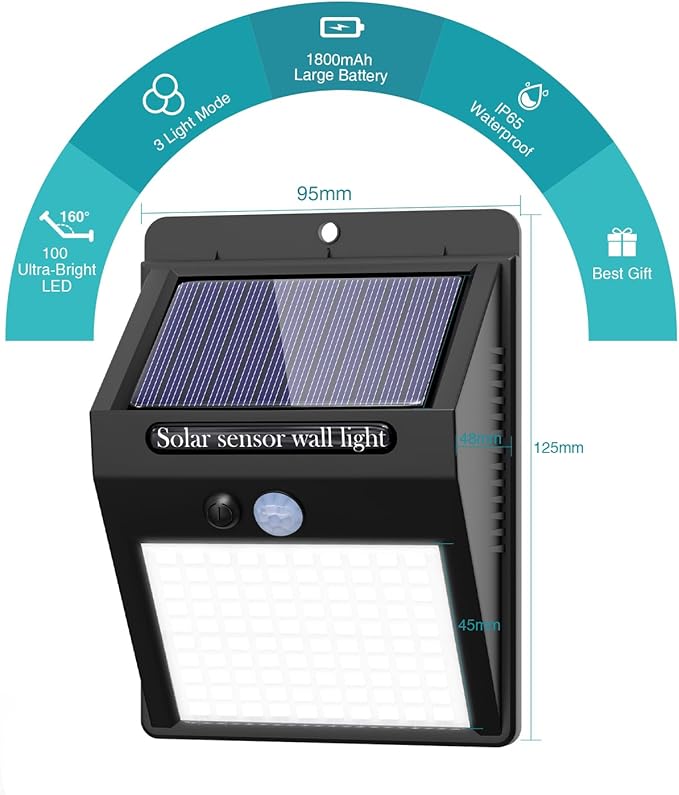 4 Pack Solar Motion Lights Outdoor 3 Modes/100LED Solar Security Wall Lights Outdoor Wireless IP65 Waterproof for Front Door Backyard Garage Deck