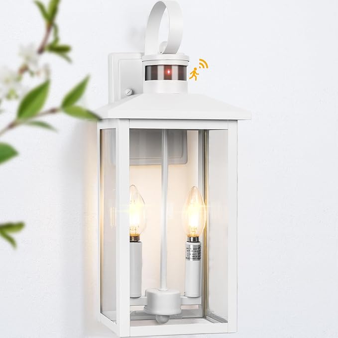 White Motion Sensor Light Outdoor 18 ETL Listed Outdoor Lights with Sensor Detection 2-Light Aluminum White Exterior Light Fixture with E12 Socket Outside House Lights Wall Mount