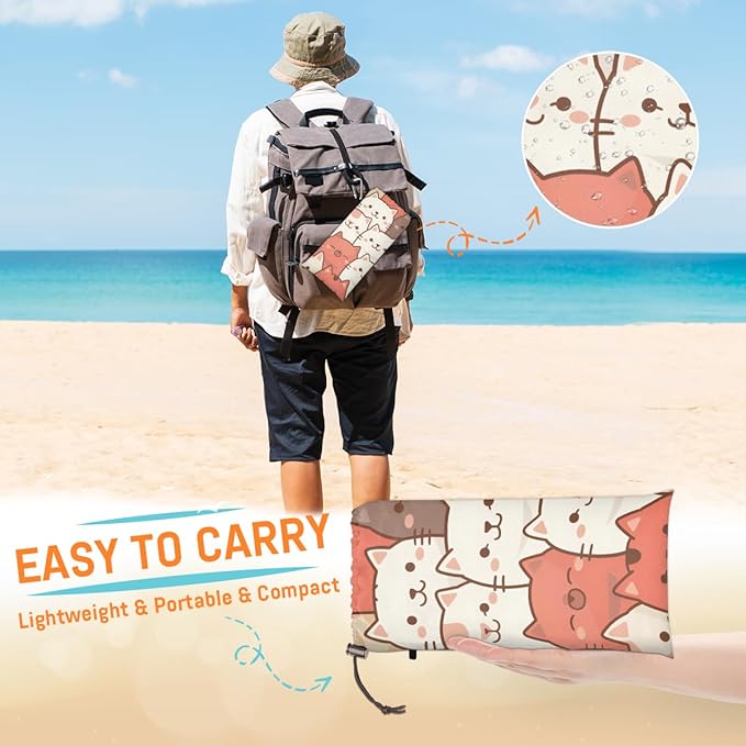 Waterproof Sandproof Beach Blanket 59''×68'' Animal Family Polyester Outdoor Picnic Blanket with 4 Stakes &amp Storage Bag for BeachCampingVacation White &amp Brown