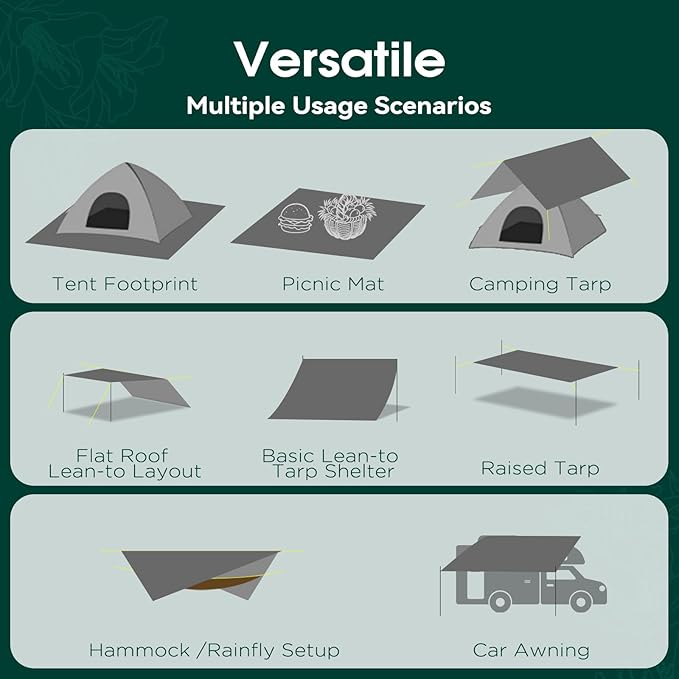 Tent Footprint - Waterproof Camping Tarp 1-6 Person Tent Floor Saver PU 3000mm Small Tarp for Hiking Backpacking Hammock Beach Picnic and Other Outdoor Activities