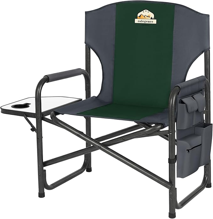Oversized Directors Camping Chair Support 600 LBS Heavy Duty Folding Outdoor Chairs with Detachable Side Pocket and Adjustable Side Table for Outside BeachLawnFishing (Green)