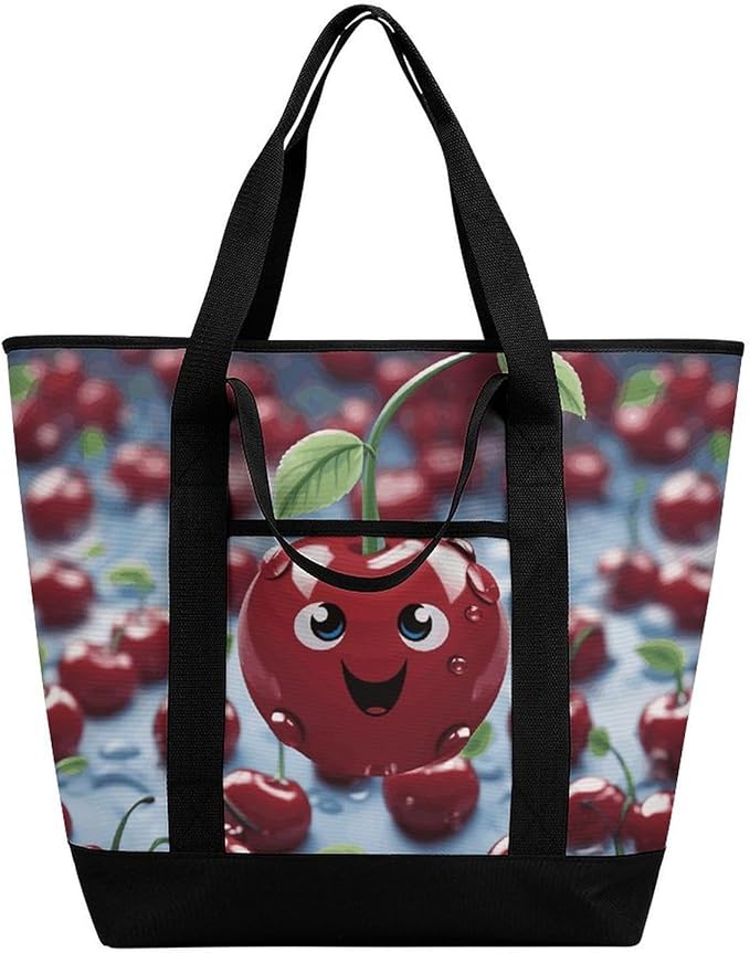 Insulated Shopping BagLarge Reusable Cooler Bags Cartoon Cherry Printed Foldable Shopping BagTravel Waterproof Shoulder Bag