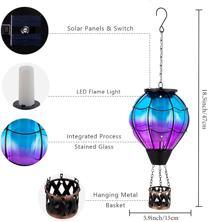Solar Hot Air Balloon Lantern with Flame Flickering LED Glass Hot Air Balloon Solar Lanterns Outdoor Waterproof Hanging Lights for PatioPorchYardGarden Decor Mother Day Gifts for Women