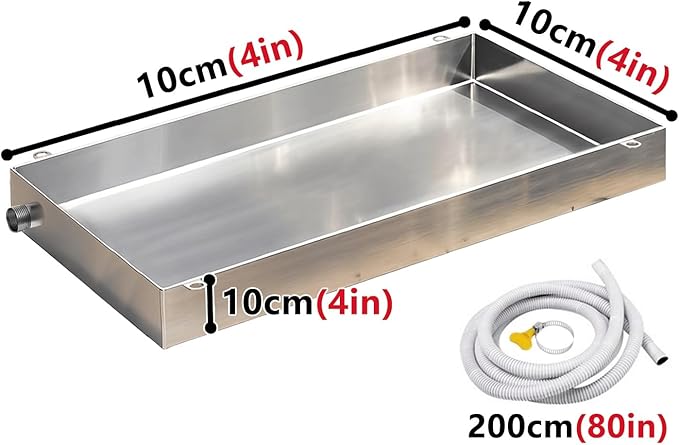 304 Stainless Steel AC Drain Pan with Flexible Hose Leakproof 4 Height Tray for Air Conditioner Kitchen Plants - Durable 10x10cm (4x4in) with Welded Lugs