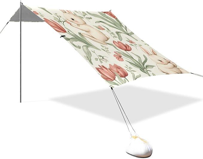 Rabbit Tulip Pattern Camping Sun Shelter Beach Tent Portable Beach Sun Shade Outdoor Canopy for Camping Trips Fishing Picnic