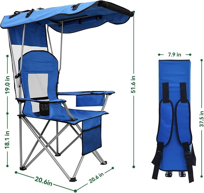 PLKO Camping Chairs with Canopy Portable Quad Lawn Chair for Adults Folding Recliner Chair with Cup Holder Outdoor Events and Shade- Support 330 LBS