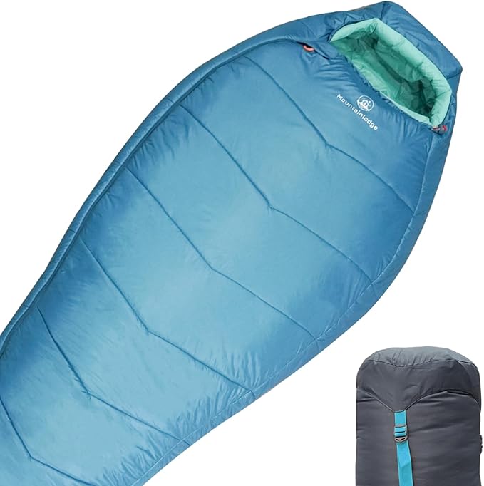 Mountainlodge 3-4 Seasons Cyan Two-Layer Shingle Sleeping Bag with Inner Pocket for AdultPerfect for BackpackingTraveling and HikingIncluding Free Compression Stuff Sack