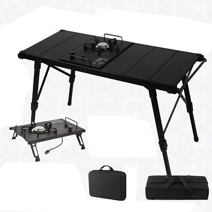 Portable Aluminum Folding Camping Picnic Table with Adjustable Height and IGT Stove Ideal for Picnics Parties and Banquets
