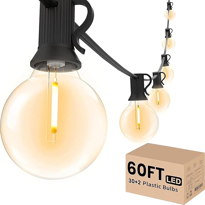 Svater Outdoor String Lights LED 60 FT Patio Globe Lights with 32 Plastic G40 Bulbs Waterproof Dimmable Outside Hanging Light for Backyard Bistro Cafe Porch Party Decor 2700K Warm White