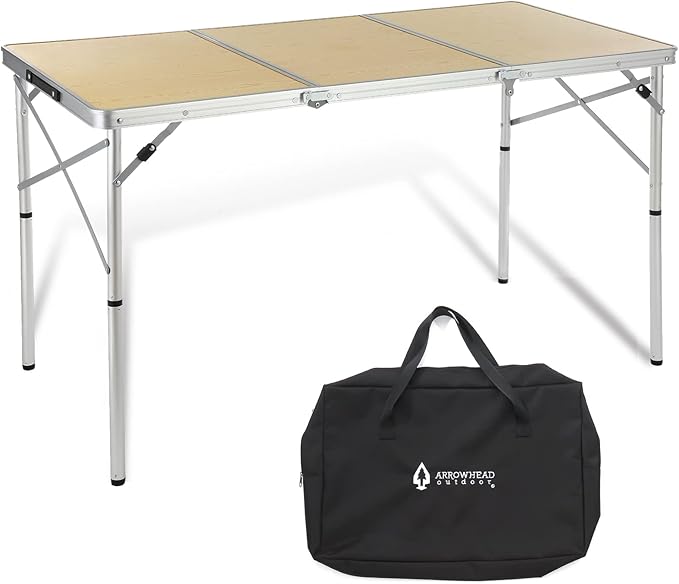 ARROWHEAD OUTDOOR 4’ ft Heavy-Duty Portable Aluminum Frame Folding Table w/Leveling Feet Solid Tabletop Surface 2 Adjustable Heights Carrying Case Included Lightweight USA-Based Support