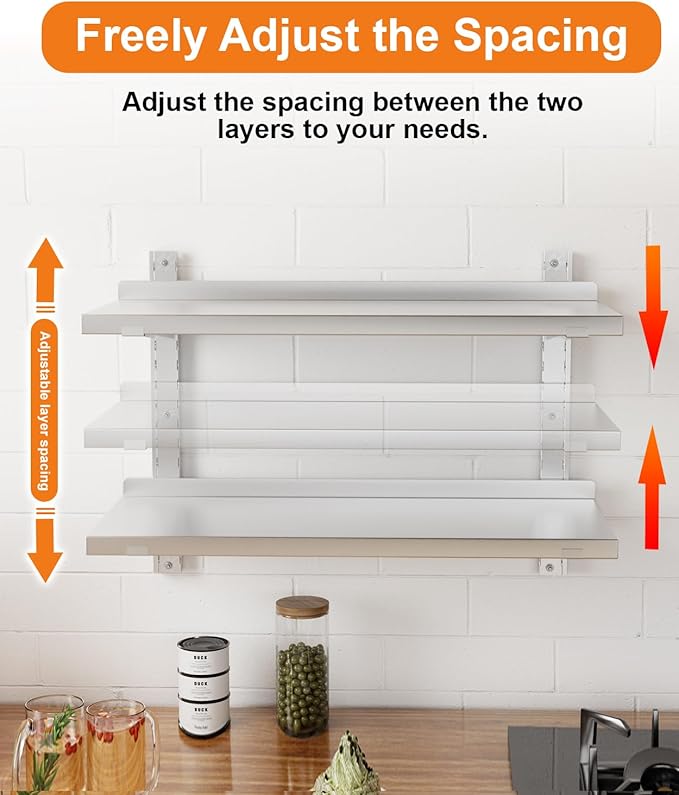 Stainless Steel Shelf 23.6 x 12.6 Commercial Floating Wall Shelf with Brackets 110Lb Capacity Adjustable Double-Layer Metal Heavy Duty Storage Rack for Restaurant Kitchen Home Bathroom