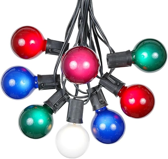 25 Foot G50 Outdoor Patio String Lights with 25 Multi Globe Bulbs – Indoor Outdoor String Lights – Market Bistro Café Hanging String Lights – C9/E17 Base - Black Wire