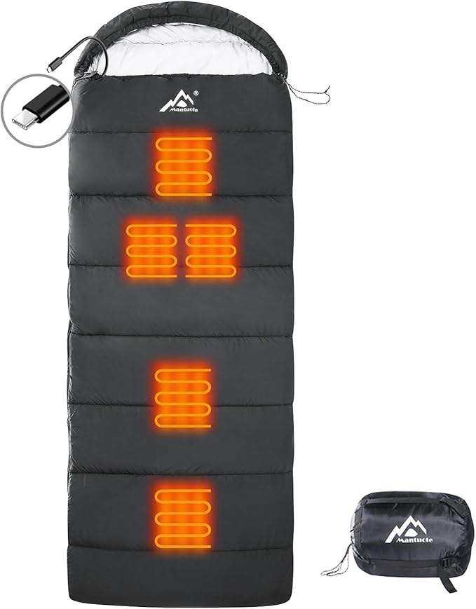 Rectangular Heated Sleeping Bag Envelope Style 5pcs Multi USB Power Support Heating Pads Operated with Battery Power Bank or Other USB Power Supplies Envelope-Black-3D Heating