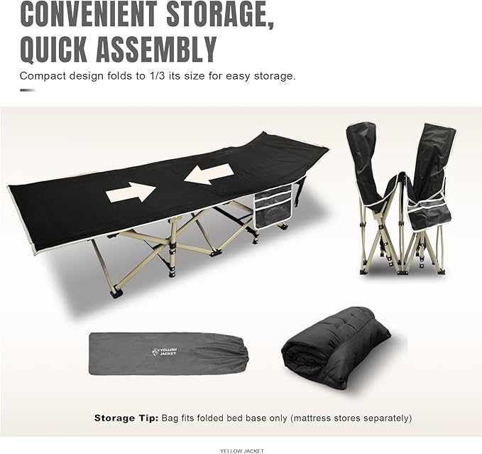 YELLOW JACKET Camping Cot with Mattress for Adults Folding Sleeping Cot 600lbs Max Load Portable Camping Cot with Carry Bag 28 Wide Cot for Camping HomeOfficeTravel (Black)