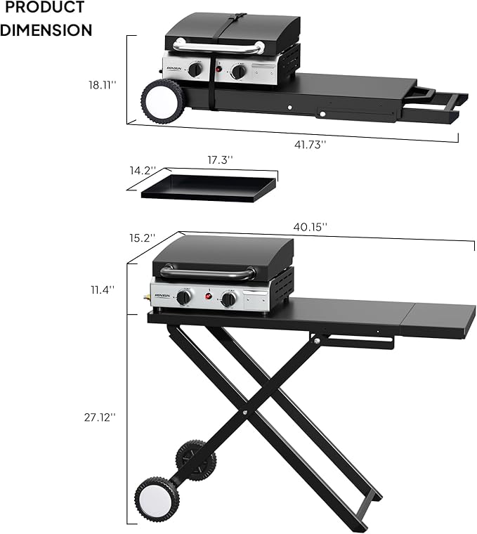 ROVSUN 2 Burner Foldable Propane Griddle with Wheels Enameled Tray &amp Lid 20000 BTU Portable Rolling Flat Top Gas Grill with Electronic Ignition &amp Regulator for Outdoor Cooking Camping BBQ Ta