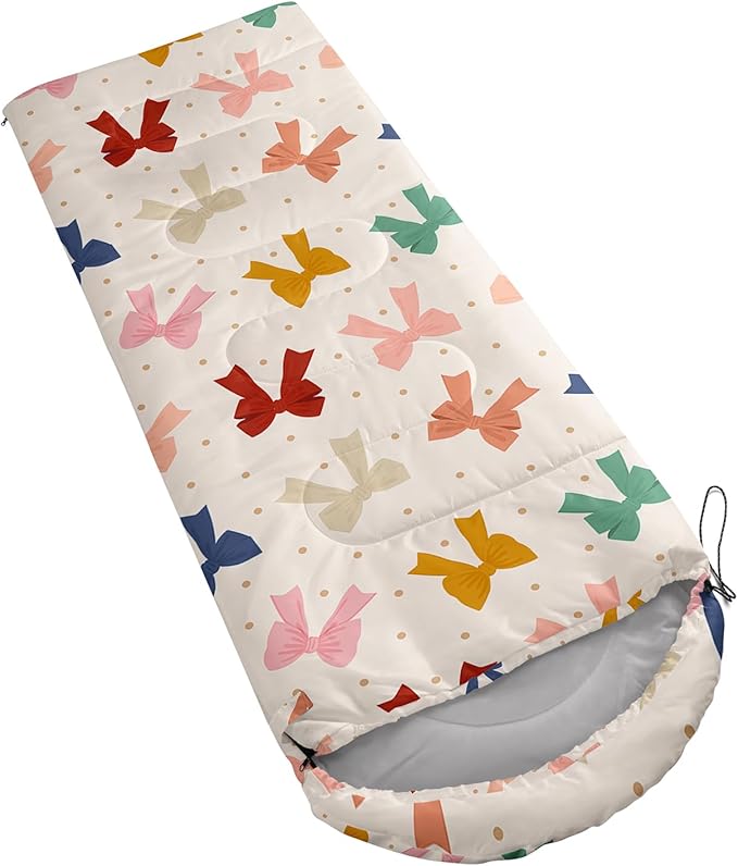 Colorful Bow Sleeping Bag 3 Season Warm Cool Weather Hand Drawn Bow Camping Sleeping Bag for Adult Cute Bowknot Camping Backpacking for Outdoor Traveling Hiking Hunting Gear Equipment