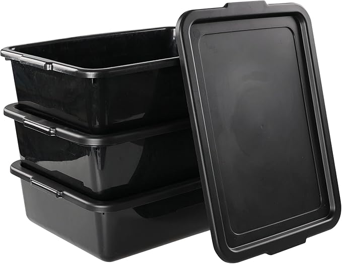 13 L Black Plastic Bus Tub with Lid 3 Pack Bus Dish Pan