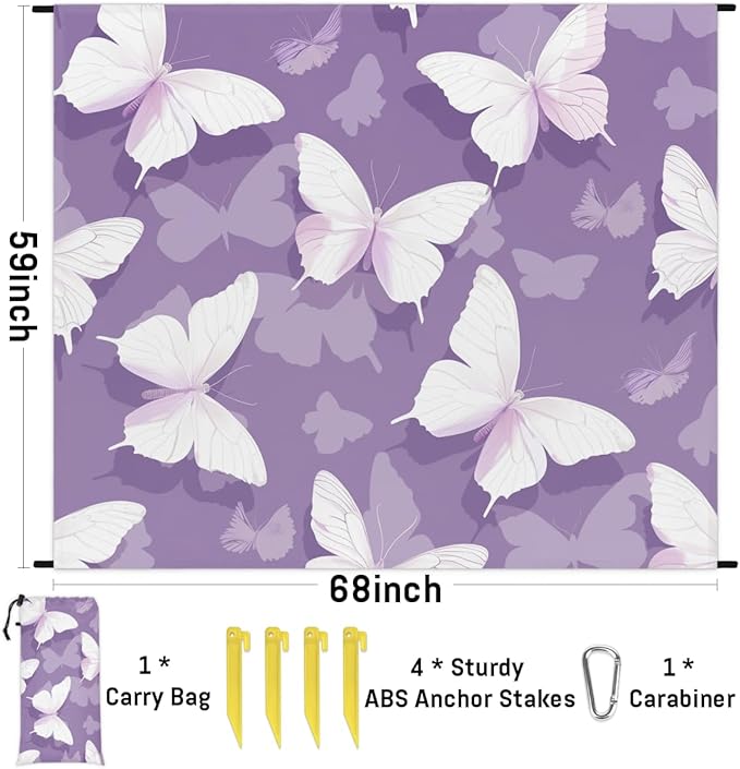 Waterproof Sandproof Beach Blanket 59''×68'' White Butterfly Polyester Outdoor Picnic Blanket with 4 Stakes &amp Storage Bag for BeachCampingVacation Purple Bottom