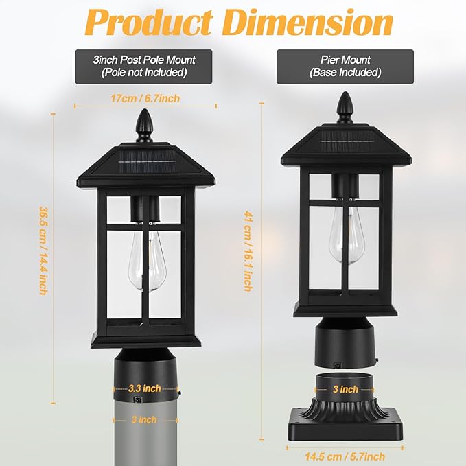 Solar Post Lights 2 Packs Waterproof Post Lantern with Pier Mount Base Aluminum Post Lamp Warm White Bulb Included for Yard Garden Pillar Pole Pathway