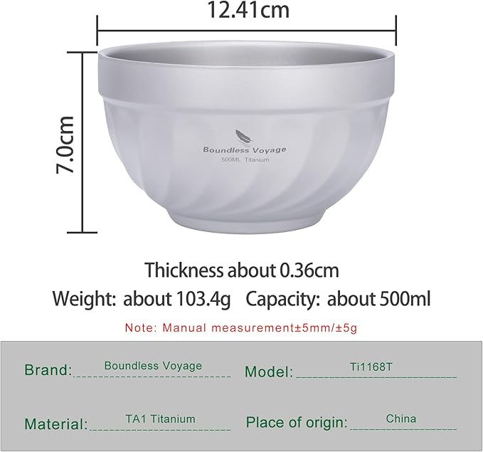 iBasingo 500ML Titanium Bowl Double Wall Insulated Camping Bowl for Soup Rice &amp Food Ultralight Portable &amp Durable Metal Tableware for Outdoor Hiking Backpacking - BPA-Free Non-Toxic Ti116