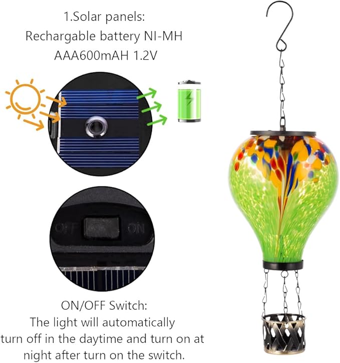 Starsoul Hot Air Balloon Solar Lantern Tie-Dye Style Glass Outdoor Solar Hot Air Balloon Lantern with Flame Light Waterproof Hanging for Garden Yard Patio Decor