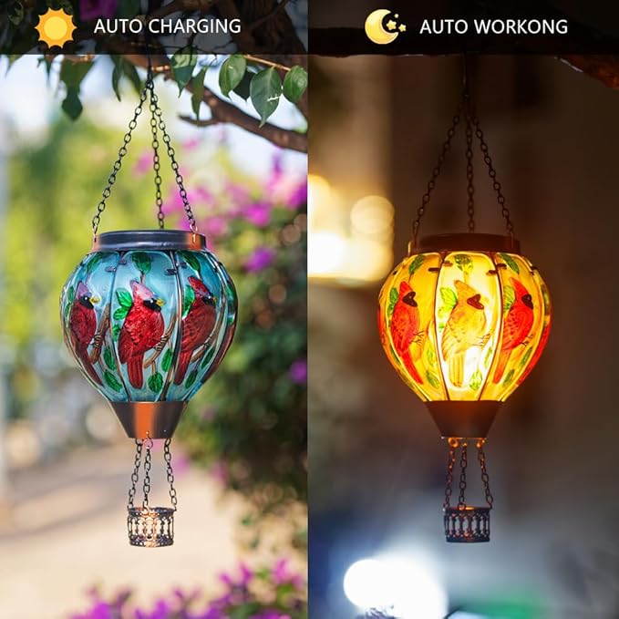 2 PCS Cardinal Hot Air Balloon Solar Lantern with Flickering Flame LightGlass Hanging Solar Lights Outdoor Waterproof for Patio Yard Party Gift Decor