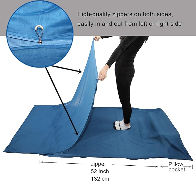 Browint Silk/Cotton Travel Sheet with Double Zippers 87x43 Extra Wide Sleep Sack for Hotels Lightweight Sleeping Bag Liner for Camping Traveler Rectangular with Pillow Pocket …
