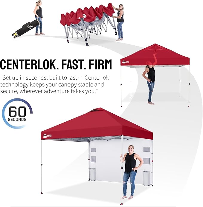 CROWN SHADES Canopy Tent 10x10 Pop Up Canopy Outdoor Shade with Pockets Sidewall Easy Up Sun Shelter with One Person Set Up Center Lock Portable Instant Camping Beach Canopy Tents Red