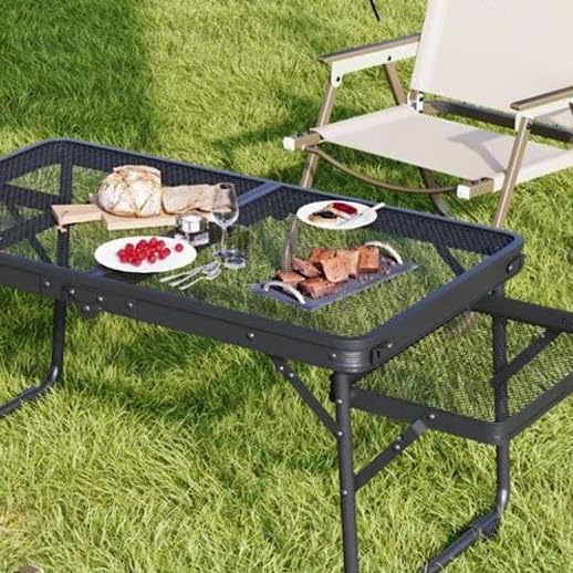 Portable Lightweight Outdoor Aluminum Alloy Mesh Folding Travel Table with 2 Wing Panels Easy Setup