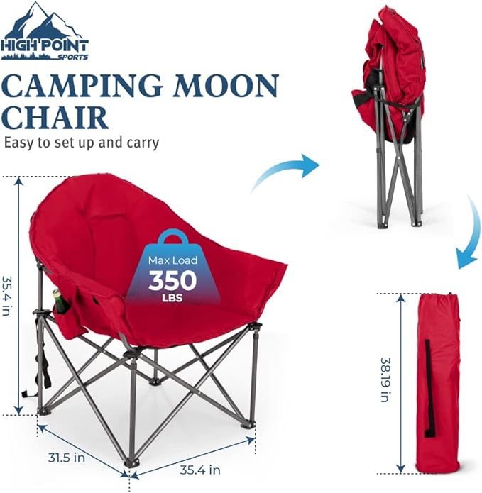 HIGH POINT SPORTS Padded Oversized Folding Camping Chair Portable Moon Saucer Chair Round Outdoor Chair with Cup Holder and Carry Bag for Adults Hiking Camping Fishing Red
