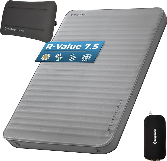 KingCamp Self Inflating Sleeping Pad R 7.9 Air &amp Foam Camping Mattress 2 Person 3 Thick Full Size Double Sleeping Pad with Pillow for Camp Tent Outdoor Car PVC Free (Grey)
