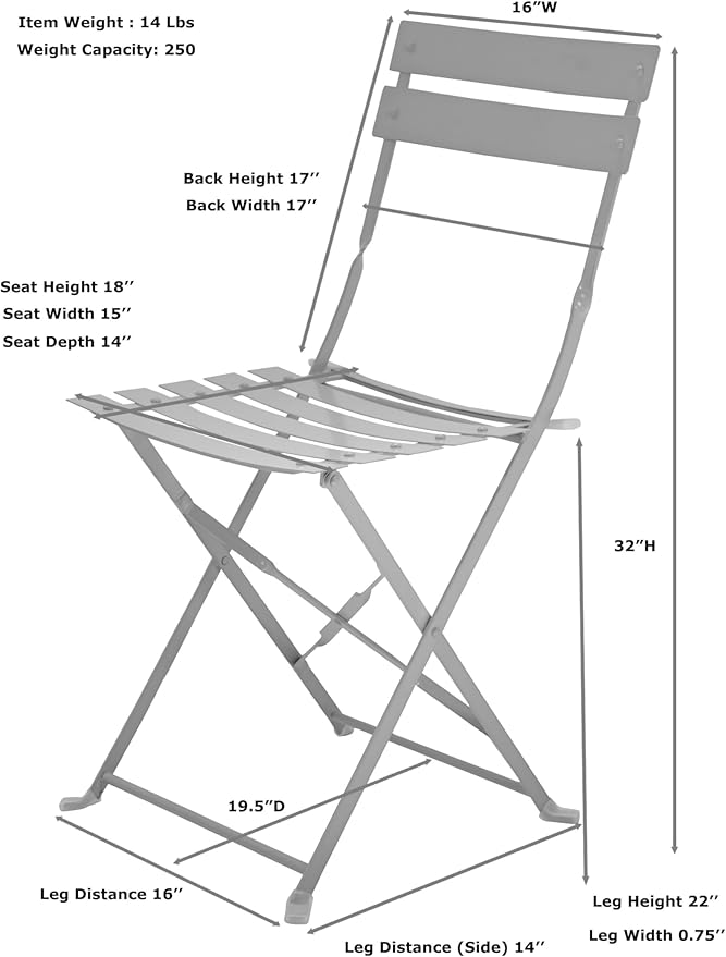Carolina Chair &amp Table Bistro Set of 2 Foldable Outdoor Chairs - Elegant Powder Coated Metal Seat and Frame Folding Chairs - Modern Style Space Saving Furniture for Patio Balcony or Garden (White