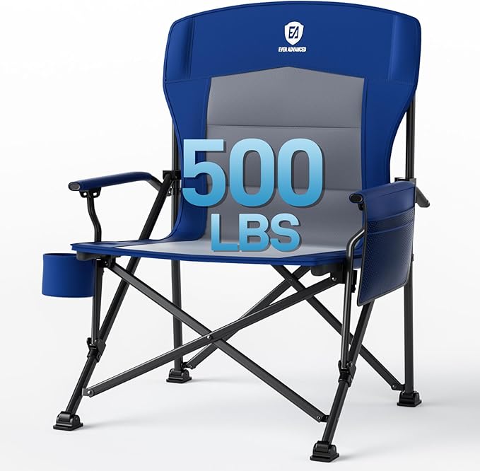 EVER ADVANCED Oversized Folding Camping Chair for Adults Heavy Duty Lawn Chair with Side Pockets Portable Collapsible Quad Chair for Outside Support Up to 500lbs Blue